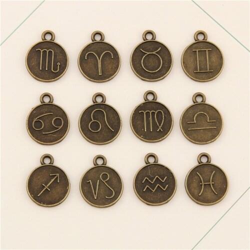 12pcs/lot) Silver Color Zodiac constellations Round Charm Pendant Necklace Bracelet Bangle Findings 10mm