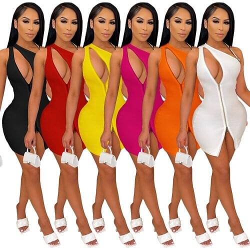 2021 Slash Neck Women Mini Dress Solid Zipper One Shoulder Skinny Activewear Summer Night Club Party Hollow Out Festival Vestido