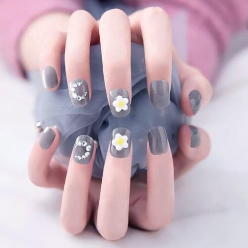 24Pcs/Set Shiny Short Square False Nail Blue And Gray Flowers French Artificial Fake Nails DIY Full Cover Tips Manicure Tools