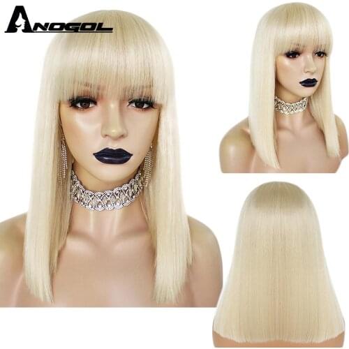 ANOGOL 613 Blonde Wine Brown Black Short Straight Bob Synthetic Wigs with Bangs Futura Fiber Wig for Women Shoulder Length Wigs