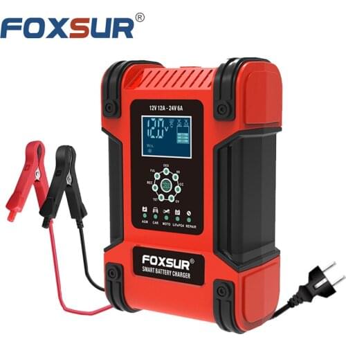 FOXSUR 12V 12A Battery Charger For Car 24V 6A 7 Stage Automatic Smart Motorcycle Charger For Lead-Acid LifePO4 AGM GEL SAL WET
