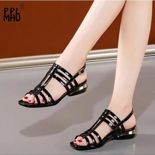 Patent Leather Black Sexy Women Sandals Comfort Open-Toes Buckle Strap Roman Shoes Retro Non-Slip Office Shoes Plus Size 35-41
