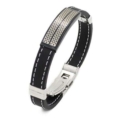 Vintage Trendy Black Stainless Steel Cuff Rubber Wristband Men Boys Cool Bangle Bracelet Fashion Jewelry Gift Wholesale