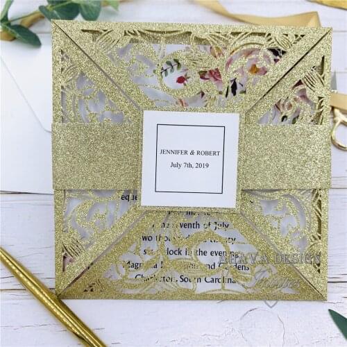 Elegant Glitter Champagne Square Laser Cut Invites, Customizable Invite With Belly Band & Envelope