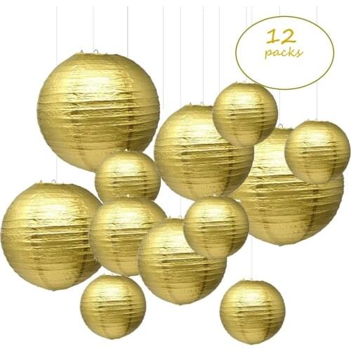 12 pcs 6"-12 " Gold Paper Lanterns Chinese Japanese boule papier lampion de mariage for Birthday Wedding Party Hanging Diy Decor