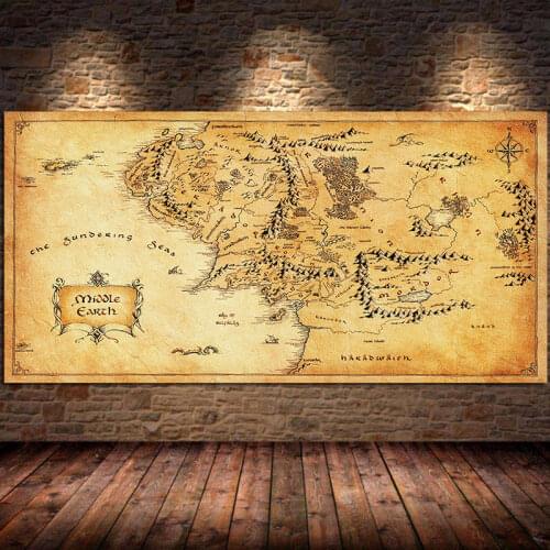 Movie Map Of Middle Earth Canvas Painting Posters and Prints Vintage Style Wall Art Pictures for Living Room Cuadros Unframed