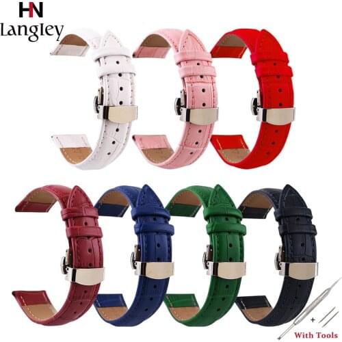 Genuine Leather Watchband 12-24mm Men Women Wristwatch Straps Stainless Steel Double press automatic butterfly buckle Straps