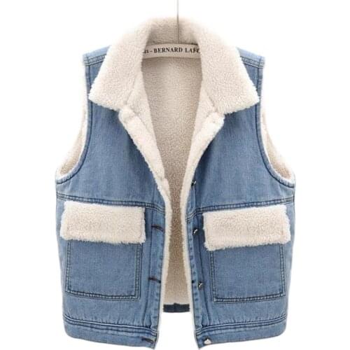 Oversize Lambswool Thick Warm Women Denim Waistcoat Outerwear 2021 Autumn Winter Bf Sleeveless Jean Jackets Vest Plus Velvet