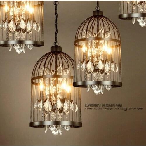 American country style retro industrial iron cage chandelier lamp crystal lamps Restaurant Bar,E14,AC220V,size:35cm*60cm