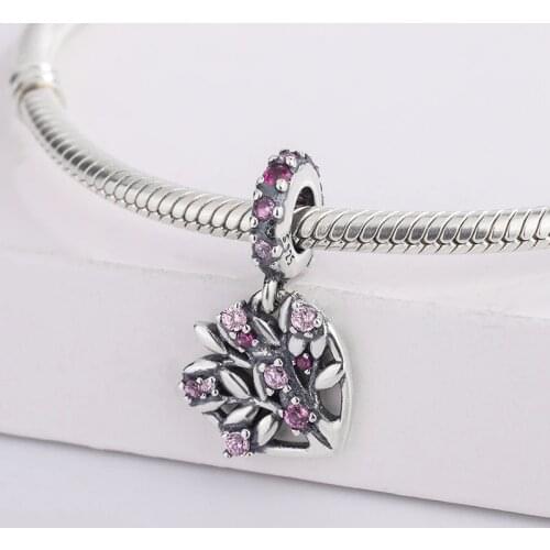 Fashion 925 Sterling Silver Pink Heart Family Tree Dangle Beads Pendant Charm Bracelet DIY Jewelry Making For Pandora