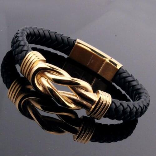 Mens Bracelets Black Leather Strand Stainless Steel Knot Bracelet Male Fashion Jewelry Dropshipping Gifts 11mm