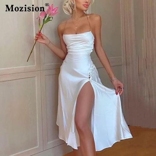 Mozision Summer New Elegant White Party Dress Women Sexy Halter Lace-up Midi Dresses Female Celebrity Dress Vestidos
