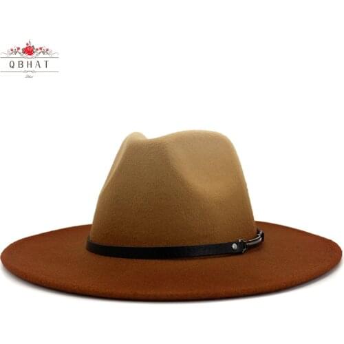 QBHAT Large Brim Gradient Fedora Hats for Women Men Spray-painted Wool Felt Jazz Hat Panama Party Cap with Leather Band