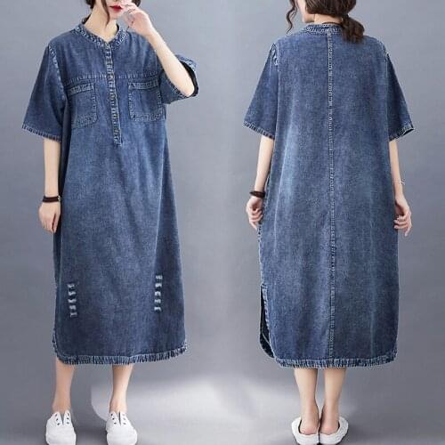 Retro hole slit denim dress 2021 spring summer new plus size women mid-length double pockets five-point sleeve shirt dress s394
