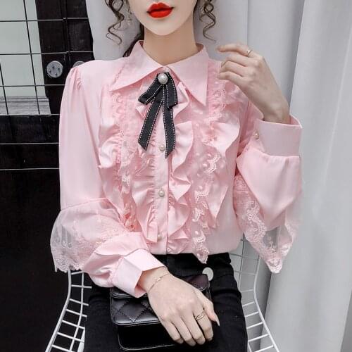 Womens Victorian Vintage Palace Pink Shirt Blouse Bow Ruffles Lolita Sweet Sweatshirt Beading Office Elegant Party Club Blouse
