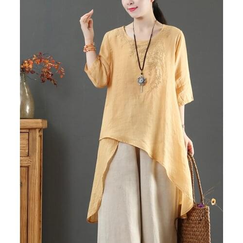 New Women Shirts Summer Mori Girl Style Loose Asymmetric Embroidery Ramie Half Sleeve Female Fashion Tees
