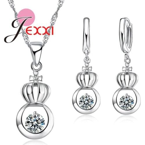 Fashion Gourd Shape Double Hollow Circle Crystal Pendant Women Stainless Silver Necklace Earring Jewelry Set Fast Shipping