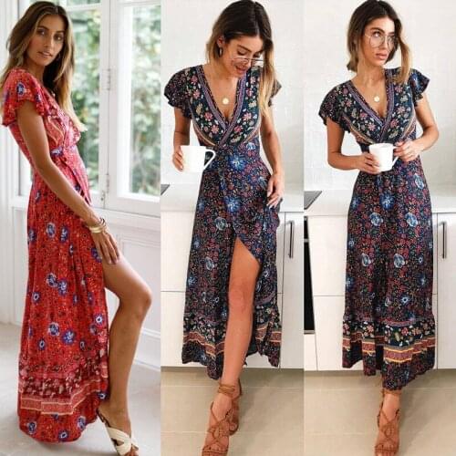 Summer New Fashion Women Vintage Robe Short Sleeve V neck Boho Sexy Party Split Dress Print Long Dress Sundress