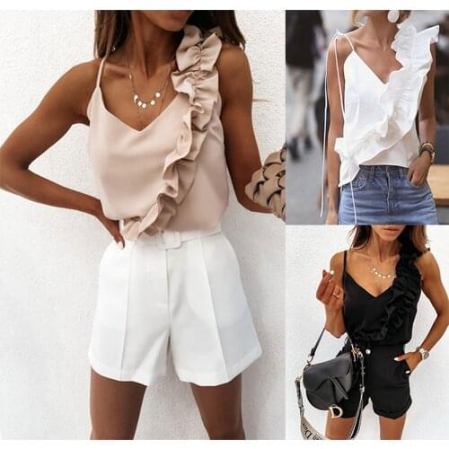 2021 Sexy Womens Vest Irregular Ruffled Shoulder Strap V-neck Tops Solid Color Camisole for Female