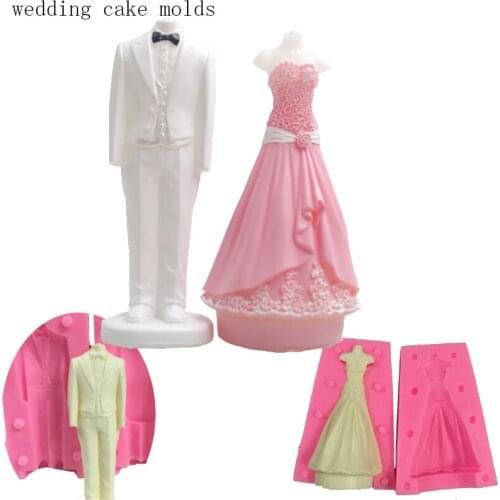 4Pcs Wedding Dress Silicone Candle Soap Cake Mold Bride Groom Fondant Cake Decorating Tools Sugar Candy Chocolate Molds
