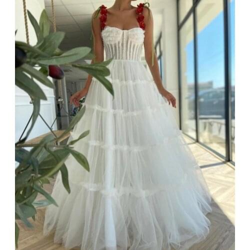 White Flowers Tulle Prom Dress 2021 Spaghetti Straps Sleeveless Evening Formal Party Ball Gowns robes de soirée
