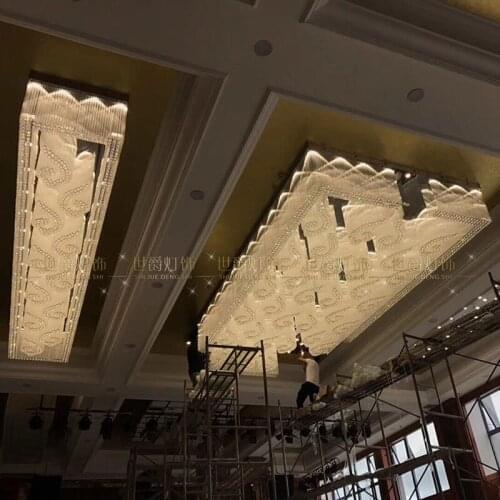 Large hotel engineering crystal lamp rectangular lobby hall ballroom pattern auspicious cloud ceiling lamp custom led lighting