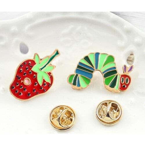 Cartoon Strawberry Worm brooches Enamel Badge Collar Lapel Brooch Pin Fashion Clothes Jewelry drop shipping