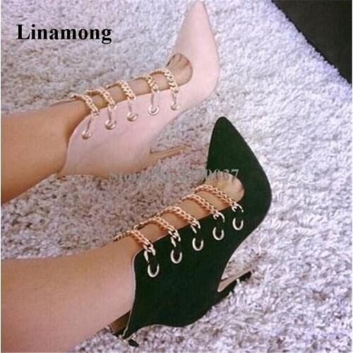 Hot Selling Women Fashion Pointed Toe Suede Leather Gold Chain Design Short Boots Black Blue Cut-out High Heel Ankle Booties