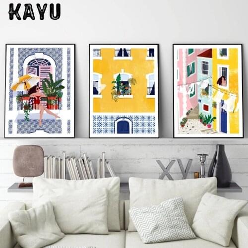 Lisbon Plant Girl Illustration Canvas Painting Wall Art Architecture Cat Woman Posters Gift Travel Print Picture Home Decoration