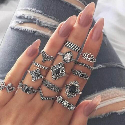 15pcs/set Punk Knuckle Rings Sets for Women Vintage Anel Flower Midi Finger Rings Jewelry Boho Silver Party Bague Femme 2020
