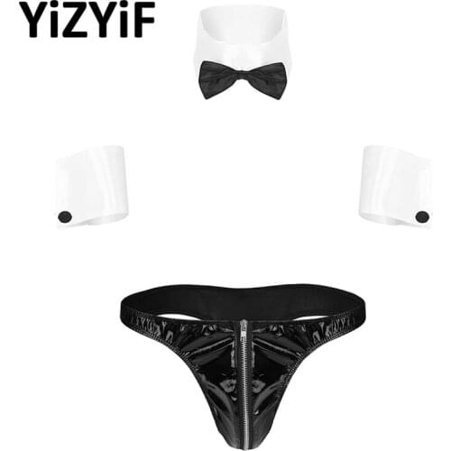 3Pcs Men Underwear Set Cosplay Costume Low Rise Front Zipper Patent Leather Patchwork Briefs Underwear With Collar And Cuffs Set