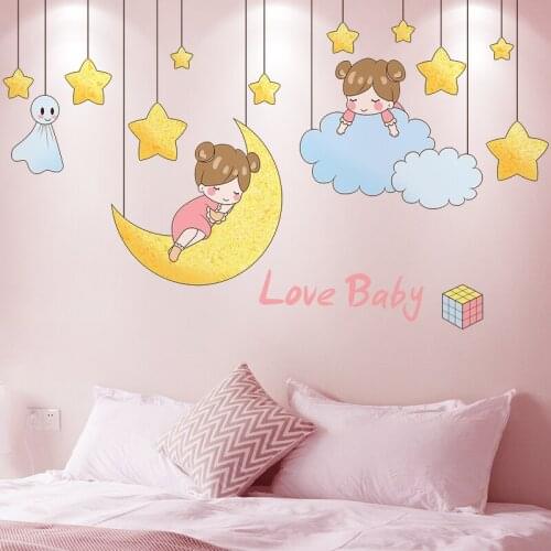 Cartoon Girls Wall Stickers DIY Stars Moon Wall Decals for Kids Room Baby Bedroom Nursery Home Decoration