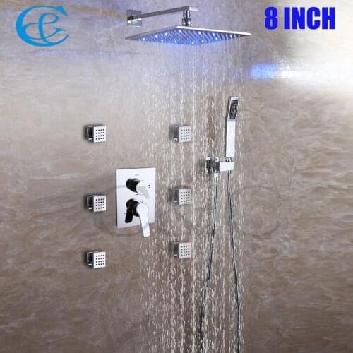 Spa At Home 6 PCS Whole Massage Body Jets Chrome Brass Rain 3 Colors LED Shower Head Set Bathroom Bath Shower Faucet Tap