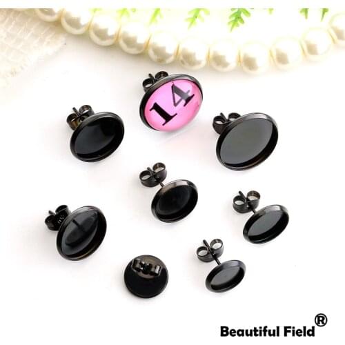 Stainless Steel 15pcs Fit 8mm 10mm 12mm 14mm Earring Base Cabochon Hooks Ear Setting Black Plated Round Cameo Blank Tray Plug