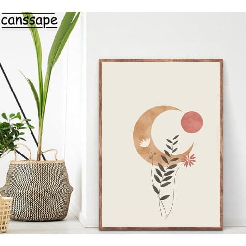 Abstract Moon Sun Canvas Poster Paintings Burnt Orange Boho Art Prints Minimalist Flowers Wall Art Pictures Bedroom Home Decor