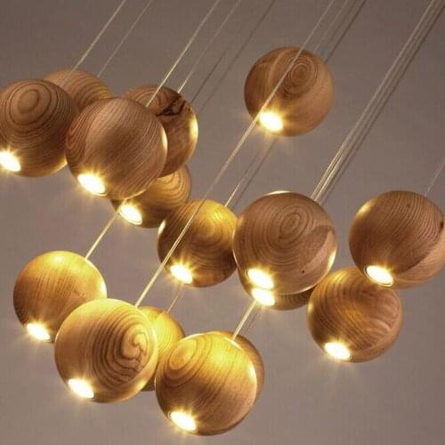 Solid wood modern pendant light Chinese Japanese Nordic creative minimalist living room dining wood ball wooden pendant lamp