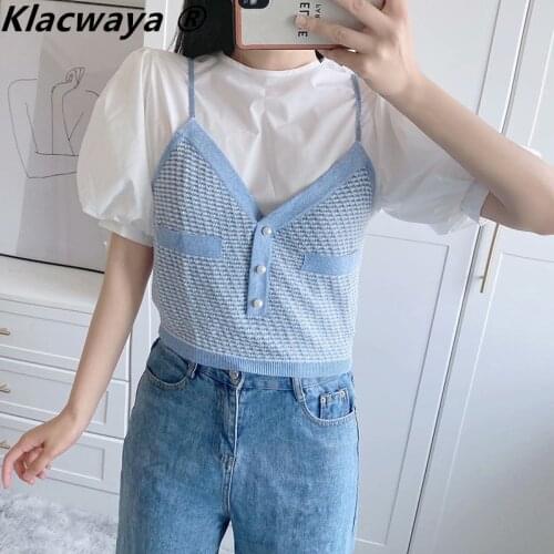 Klacwaya Women 2021 Spring And Summer New Womens Sweet And Gentle Temperament Fake Two-Piece Knitted T-Shirt top