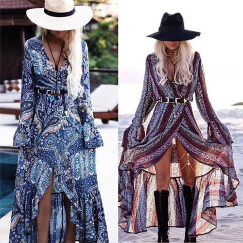 Women Summer Dress Boho Style Women Long Maxi Evening Party Dress Sexy Vintage Floral V Neck High Split Beach Dresses Sundress