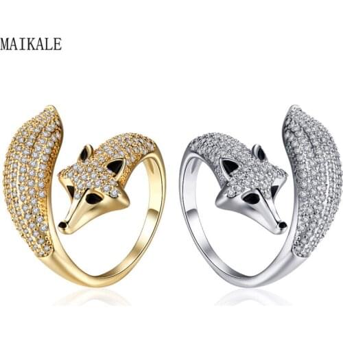 MAIKALE New Fashion Fox Ring Adjustable Rings for Women Gold Open Cubic Zirconia Resizable Ring Wedding Band Jewelry Gift