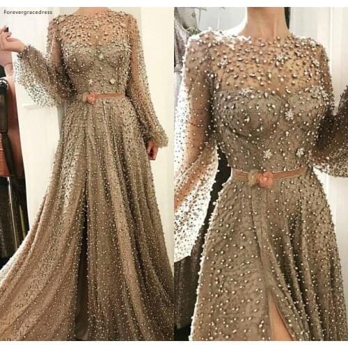 2019 Saudi Arabic Evening Dress Sheer Neck Beaded Long Poet Sleeves Holiday Women Wear Formal Party Prom Gown Plus Size