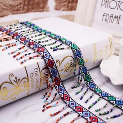 10 yards Red Blue Lace Trim Bohemian Ethnic Embroidery Jacquard Lace Ribbon Beads Fringe Tassel Pendant Collars Accessories