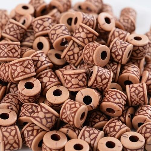 50Pcs/Lot Flower Pattern Acrylic Wooden Beads Cute Wood Color Long Tube Big Holes Loose Beads For Handmade DIY Necklace Bracelet