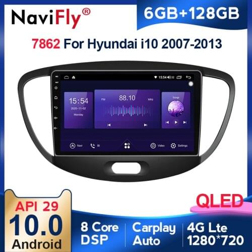 NaviFly 6GB+128GB QLED Android 10 Car Radio Audio Multimedia Player For Hyundai i10 2007 - 2013 Carplay DSP BT5.0 WIFI 4G LTE