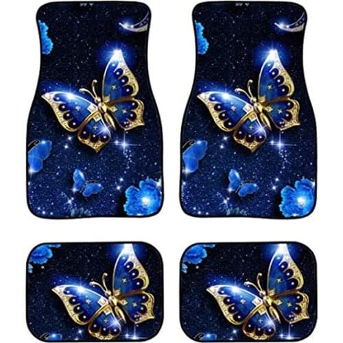 Blue Butterfly Sparkling Car Floor Mats Stylish Decor Carpet Floor Mats Front & Rear Full Set Universal Fit Cars,SUVs Trucks
