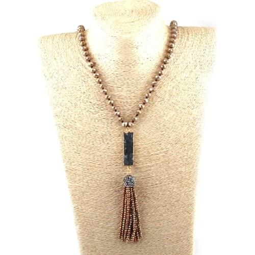 Free Shipping Fashion Bohemian Tribal Jewelry Glass Long Knotted Rectangle Druzy Link Crystal Tassel Necklaces Ethnic Necklace