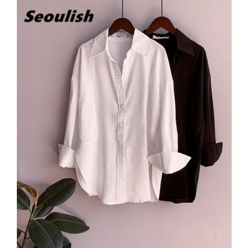 Seoulish Spring Autumn Oversize White Womens Blouse New 2021 Long Sleeve Single Breasted Elegant Loose Shirts Chic Top Female