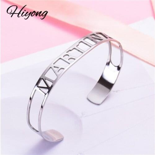 Hiyong Custom Name Bangle, 8 mm Hollow Name Bracelet Men Bracelet Custom Name Personalized Bracelets Jewelry Best Friend Gifts