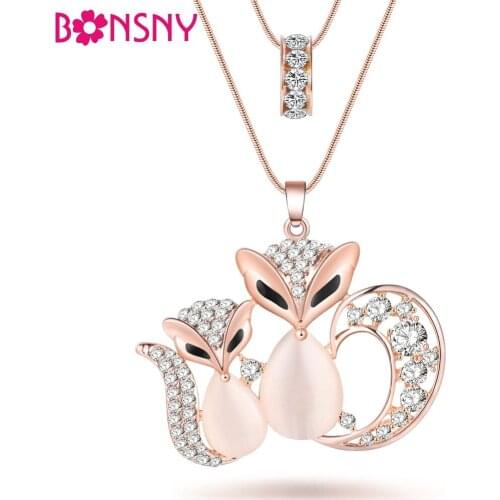 Bonsny Fox Necklace Opal Pendant Animal Cat Eye Brand Crystal Chain New 2015 Zinc Alloy Girl Women Fashion Jewelry Accessories