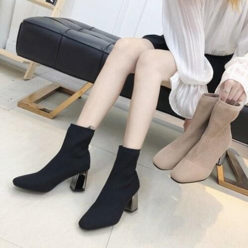 Black Khaki Knitted Elastic Socks Boots Thick High Heel Ankle Boots Women 2020 Pointed Toe Elegant Short Booties for Ladies