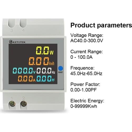 Din Rail Dual Display LED Ammeter Voltmeter AC 80-300V 0-100.0A Voltage Current Power Time Energy Tester 4 Digits 3 IN 1